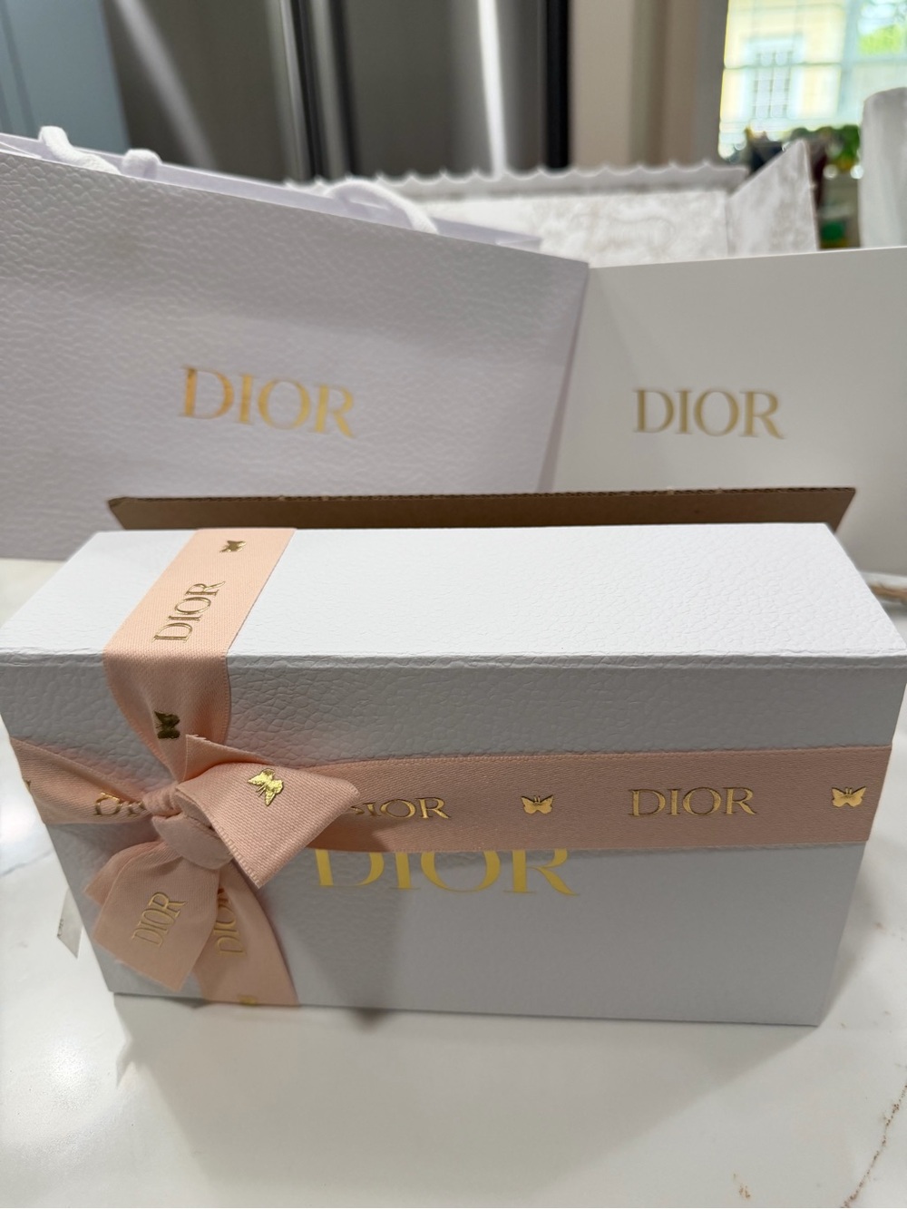 Dior White Box with Blush Pink Ribbon and Gold Logo